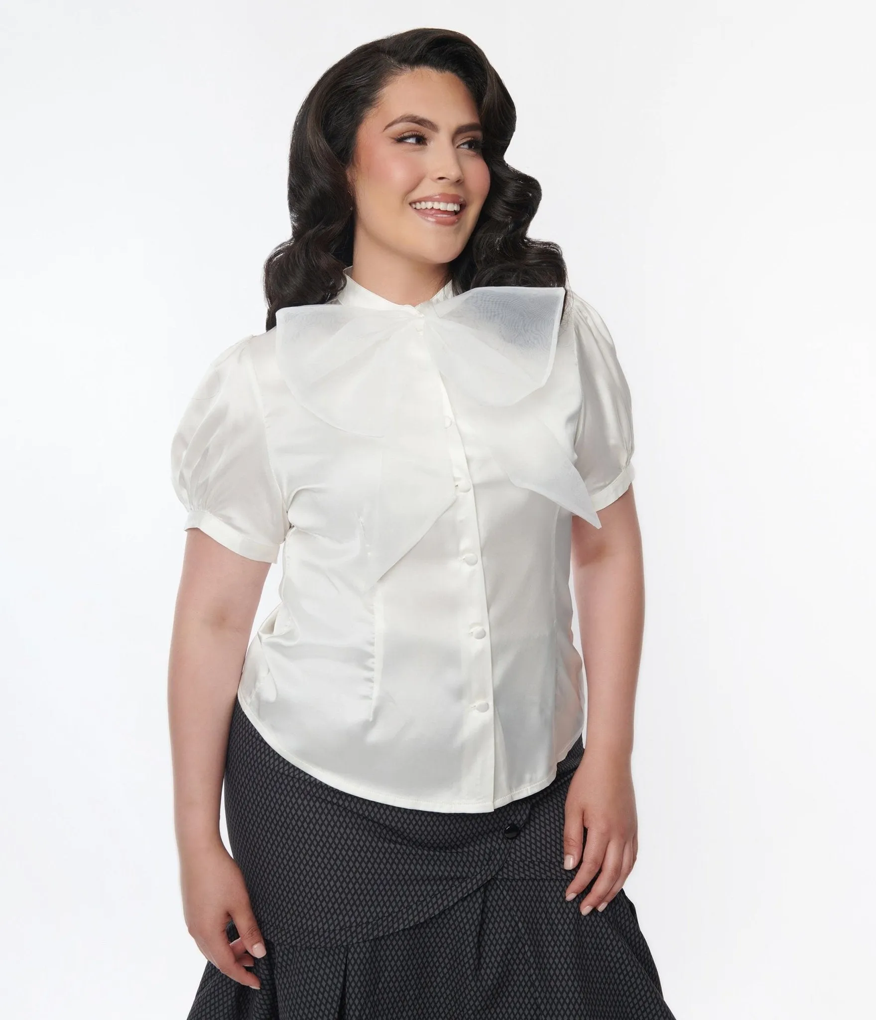 Voodoo Vixen Plus Size Ivory Bold Bow Satin Blouse sold by Unique Vintage product image thumbnail 5