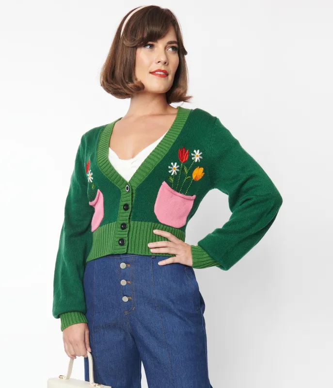 Smak Parlour Green & Pink Flower Pocket Cardigan sold by Unique Vintage