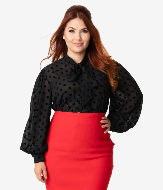 Unique Vintage Plus Size Black Swiss Dot Neck Tie Gwen Blouse sold by Unique Vintage