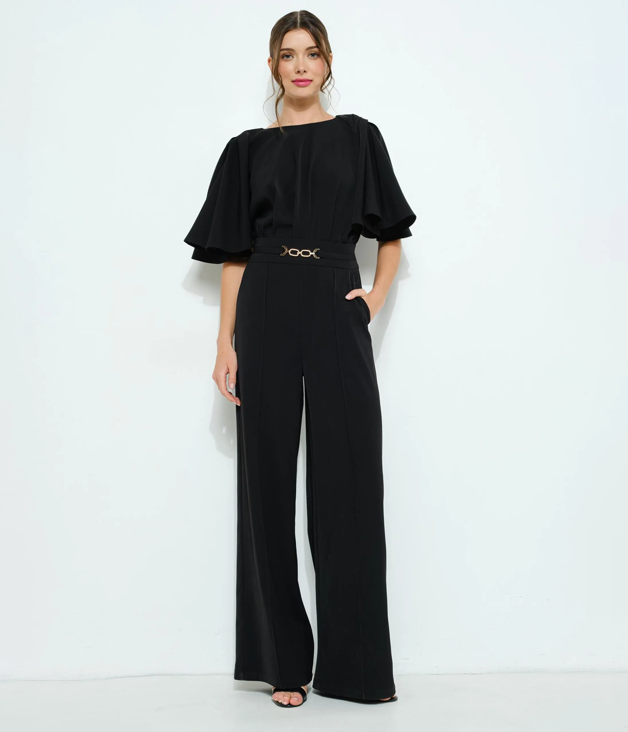 Black Flutter Sleeve Jumpsuit sold by Unique Vintage