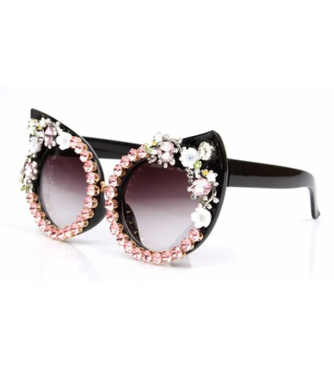 Black & Pink Floral Rhinestone Cat Eye Sunglasses sold by Unique Vintage