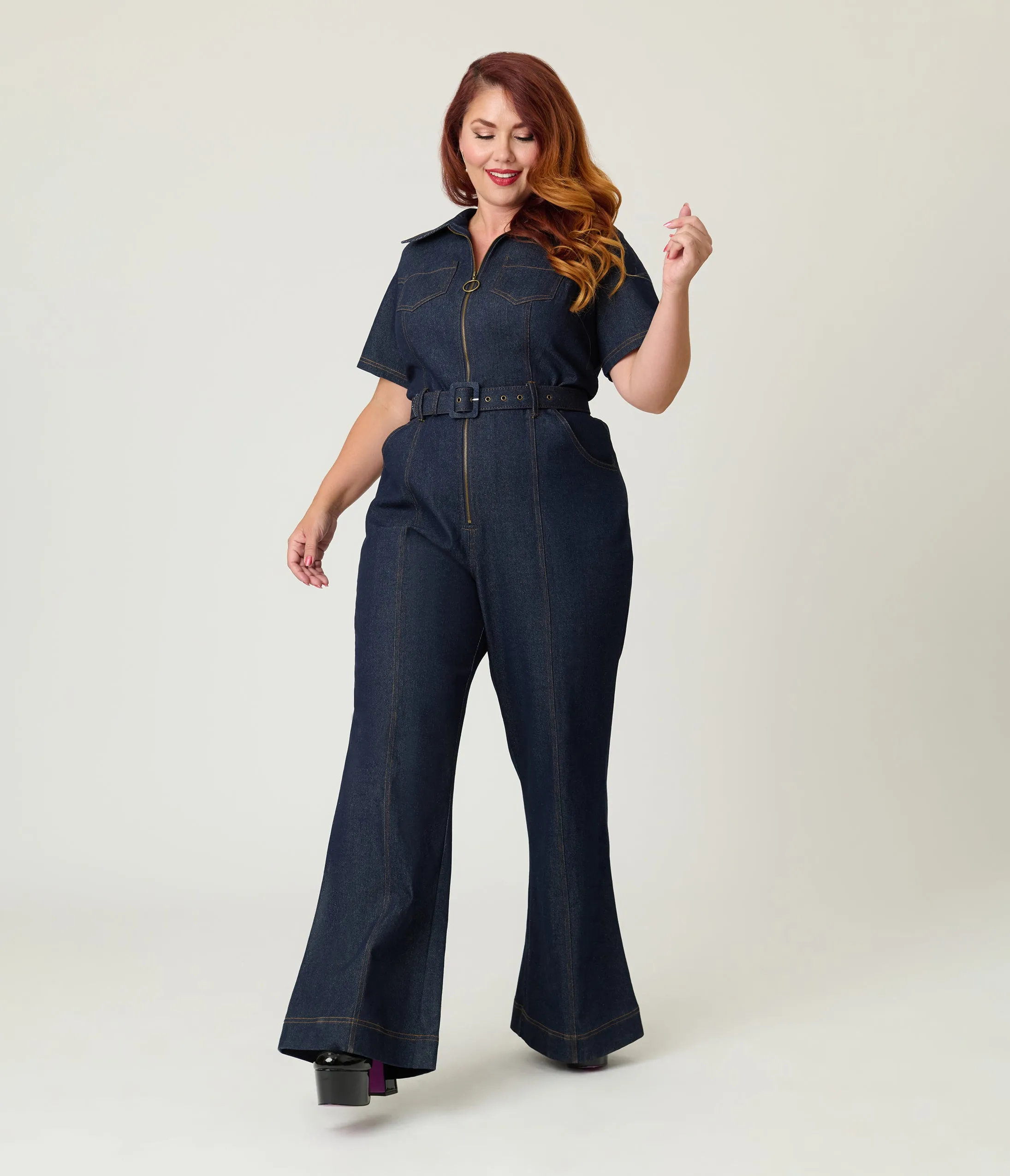 Unique Vintage Plus Size Dark Denim Belted Jumpsuit sold by Unique Vintage product image thumbnail 3