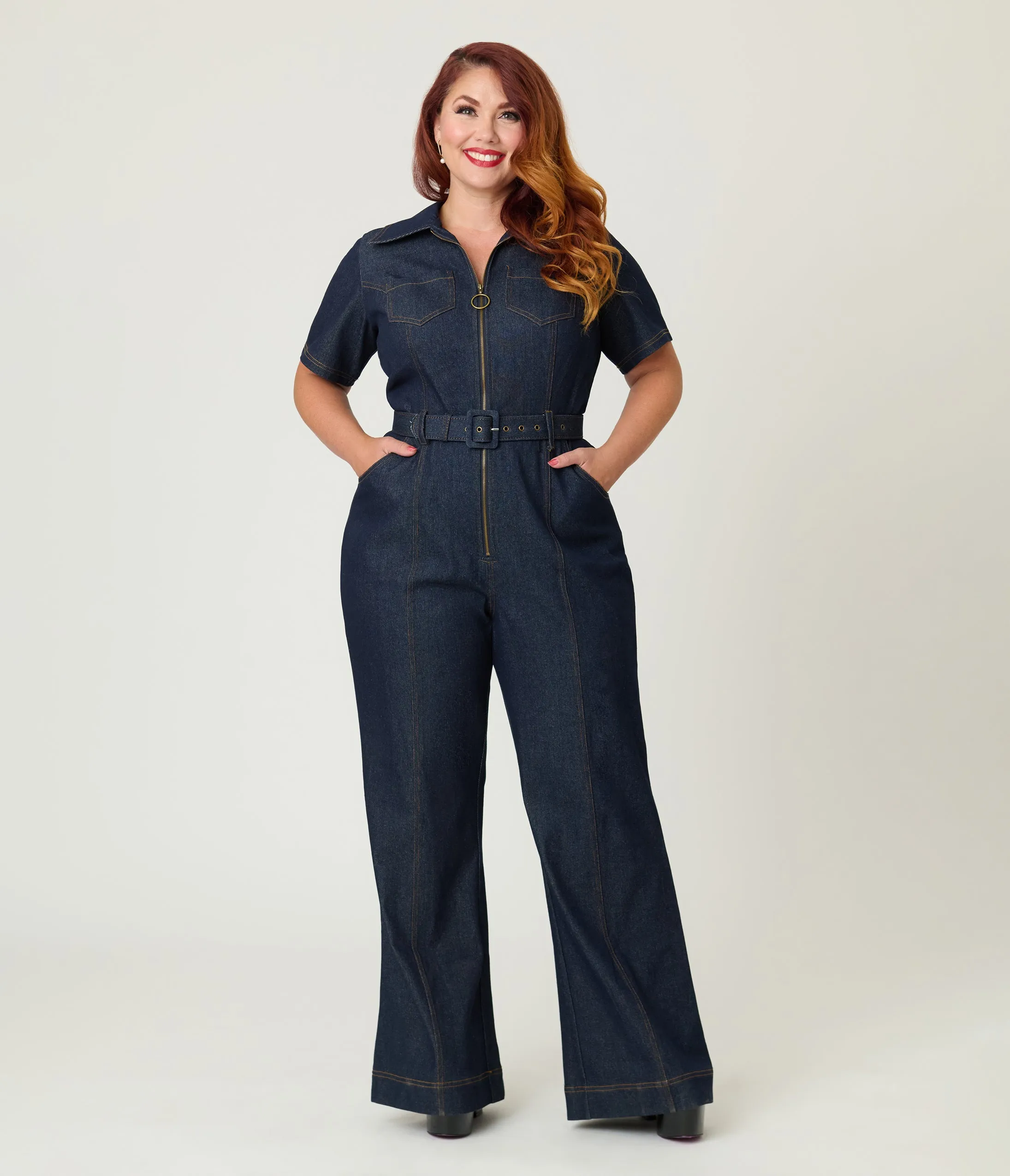 Unique Vintage Plus Size Dark Denim Belted Jumpsuit sold by Unique Vintage product image thumbnail 4