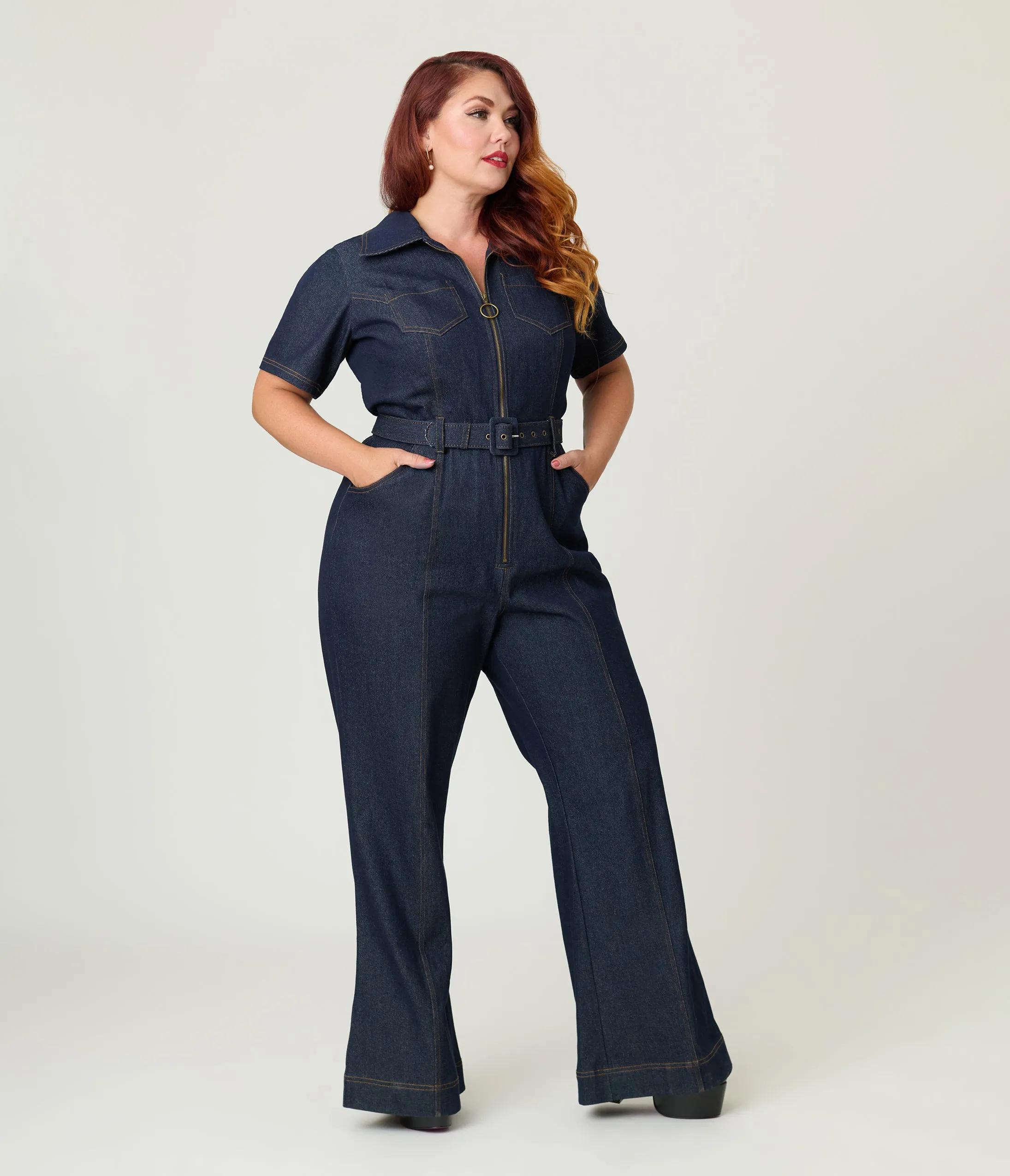 Unique Vintage Plus Size Dark Denim Belted Jumpsuit sold by Unique Vintage
