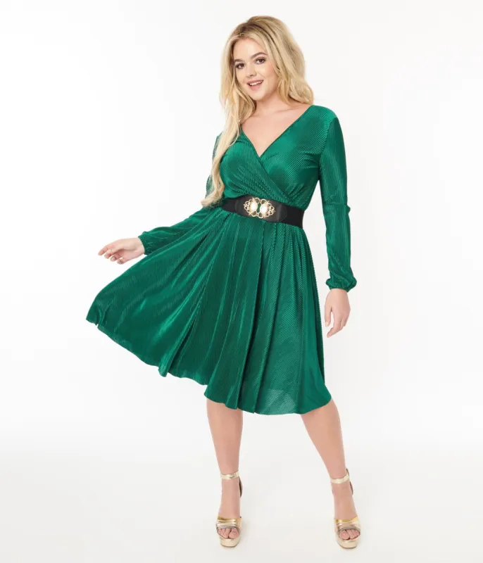 Voodoo Vixen Green Pleated Satin Swing Dress made by Unique Vintage