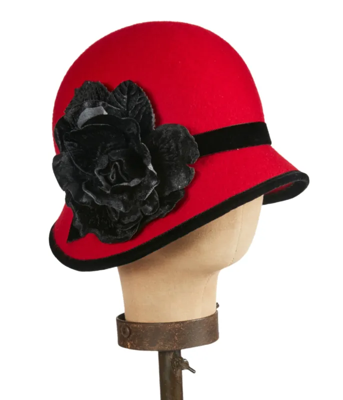 Kathy Jeanne Red & Black Rose Cloche Hat sold by Unique Vintage