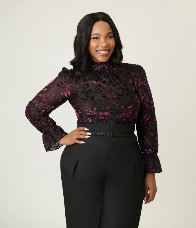 Unique Vintage Plus Size Black & Purple Floral Velvet Burnout Donna Blouse sold by Unique Vintage