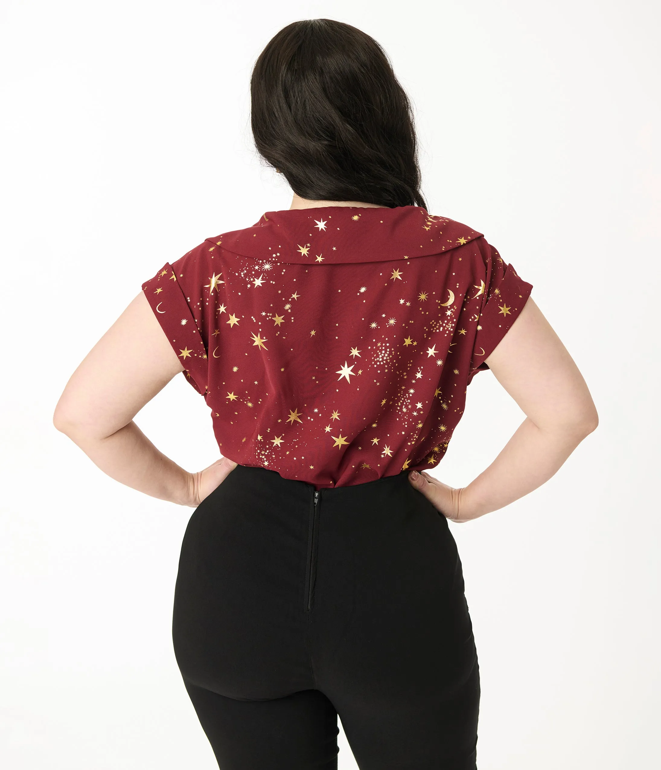 Unique Vintage Plus Size Burgundy & Gold Star Twill Sleeveless Blouse sold by Unique Vintage product image thumbnail 3