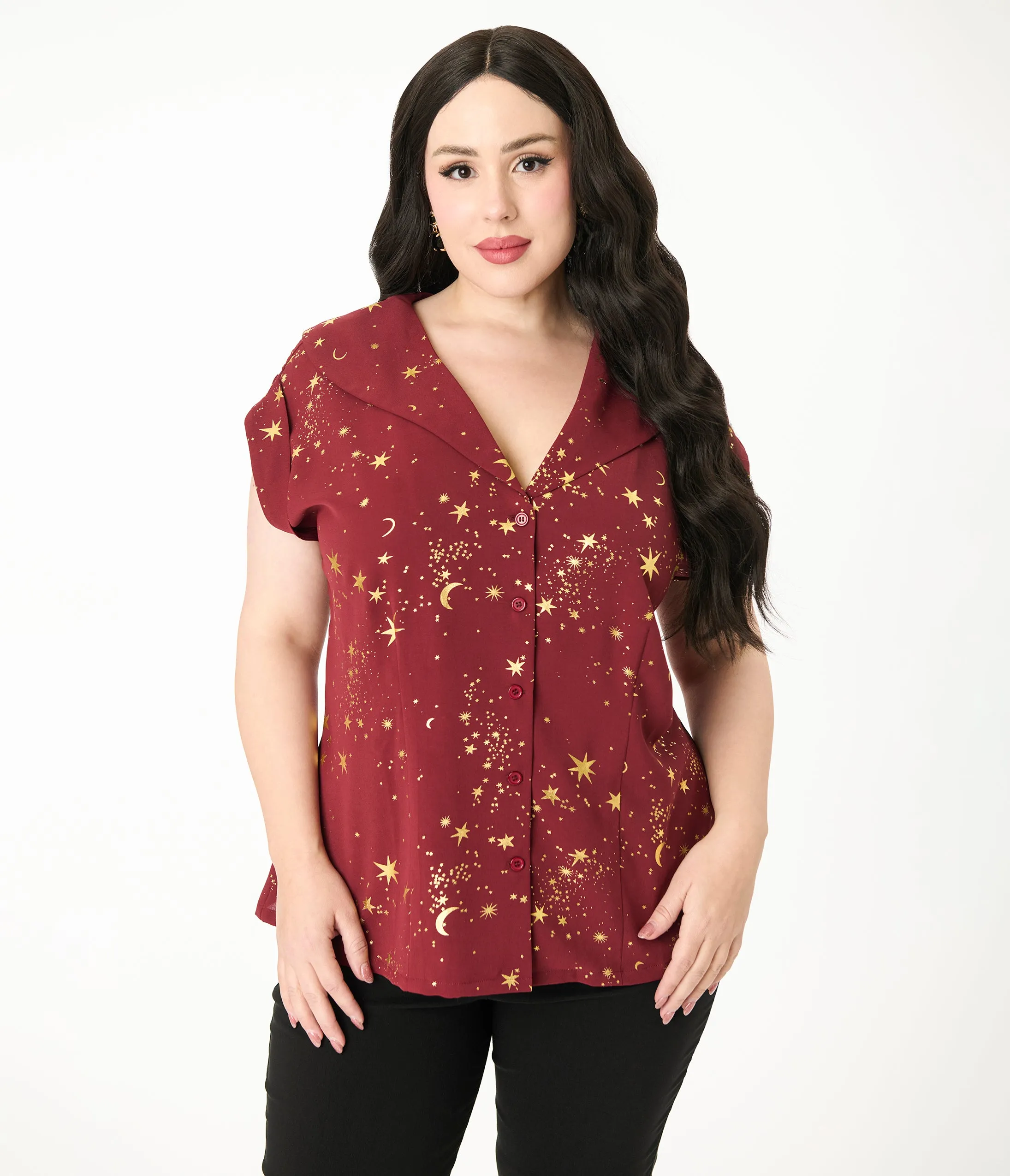 Unique Vintage Plus Size Burgundy & Gold Star Twill Sleeveless Blouse sold by Unique Vintage product image thumbnail 4