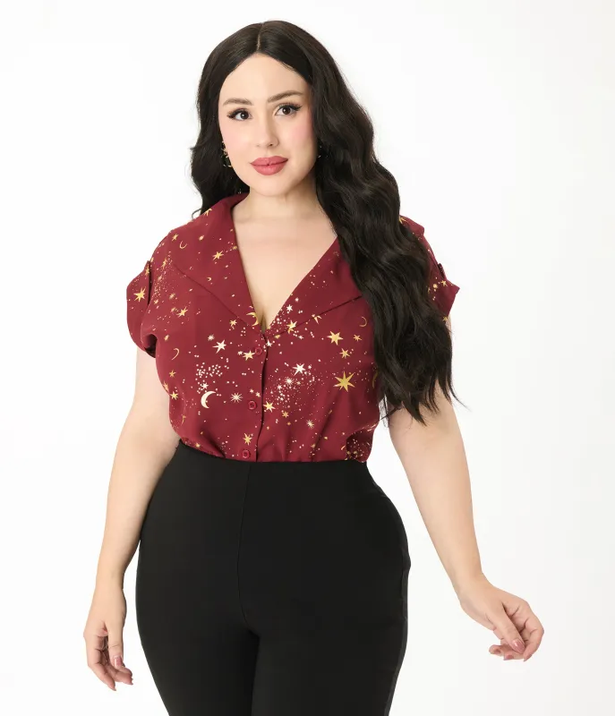 Unique Vintage Plus Size Burgundy & Gold Star Twill Sleeveless Blouse sold by Unique Vintage