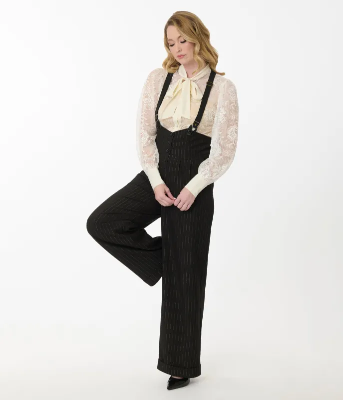 Unique Vintage Black & Gold Pinstripe Thelma Suspender Pants sold by Unique Vintage