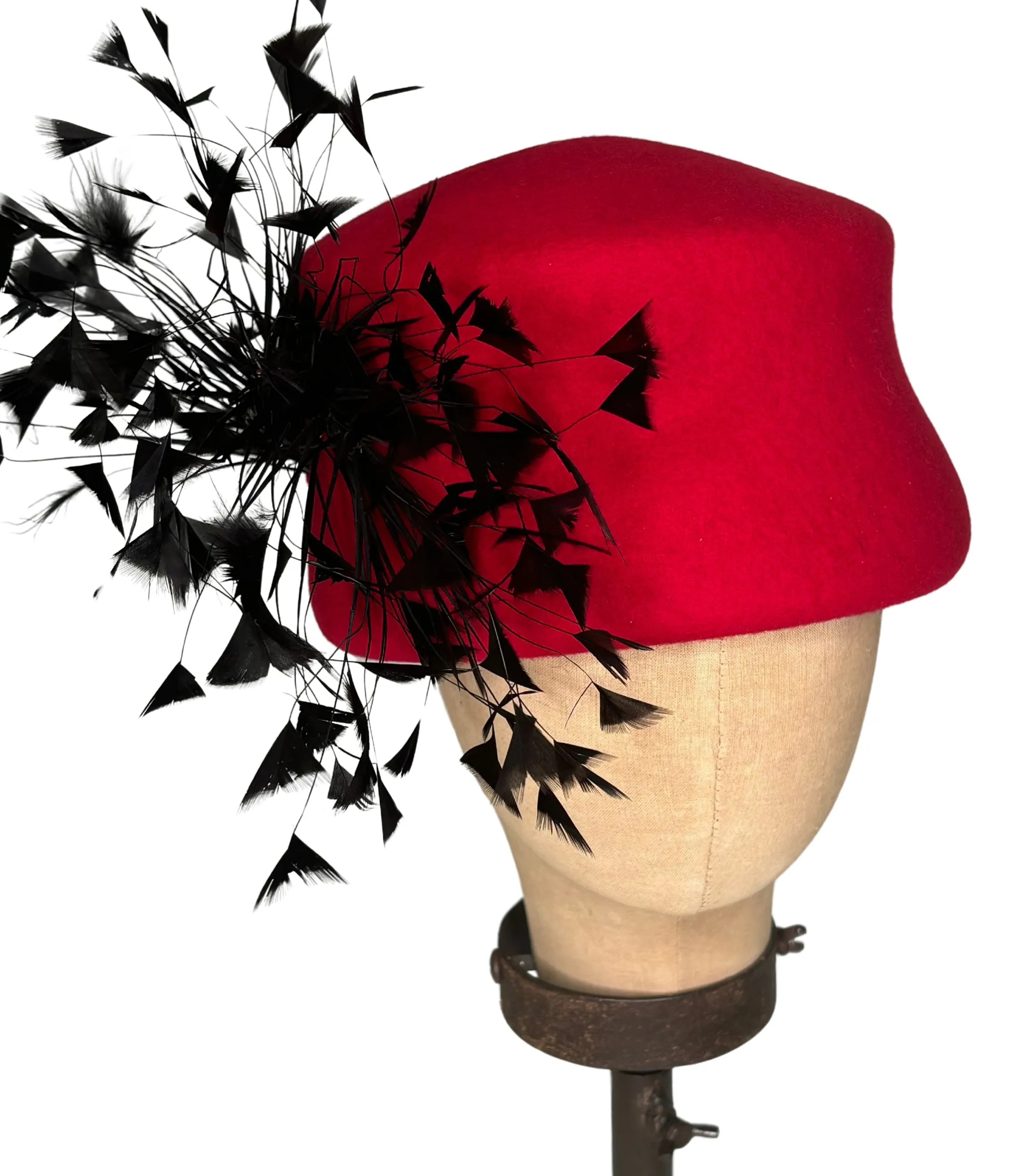 Kathy Jeanne Red & Black Feather Hat sold by Unique Vintage