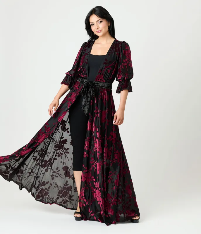 Unique Vintage Black & Berry Floral Velvet Burnout Duster sold by Unique Vintage