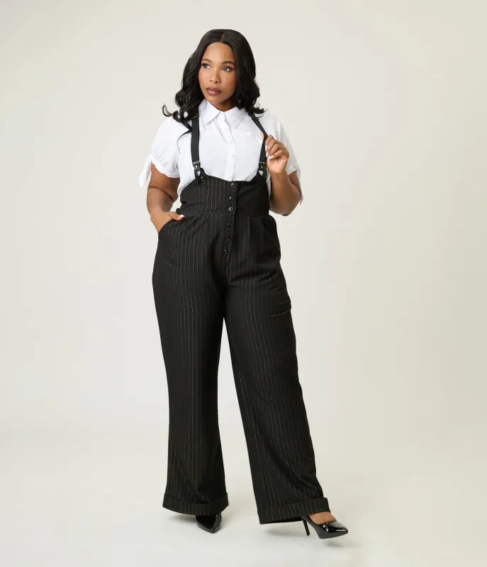 Unique Vintage Plus Size Black & Gold Pinstripe Thelma Suspender Pants sold by Unique Vintage