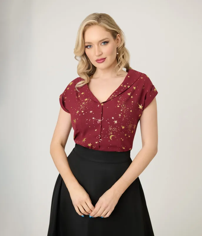 Unique Vintage Burgundy & Gold Star Twill Sleeveless Blouse sold by Unique Vintage