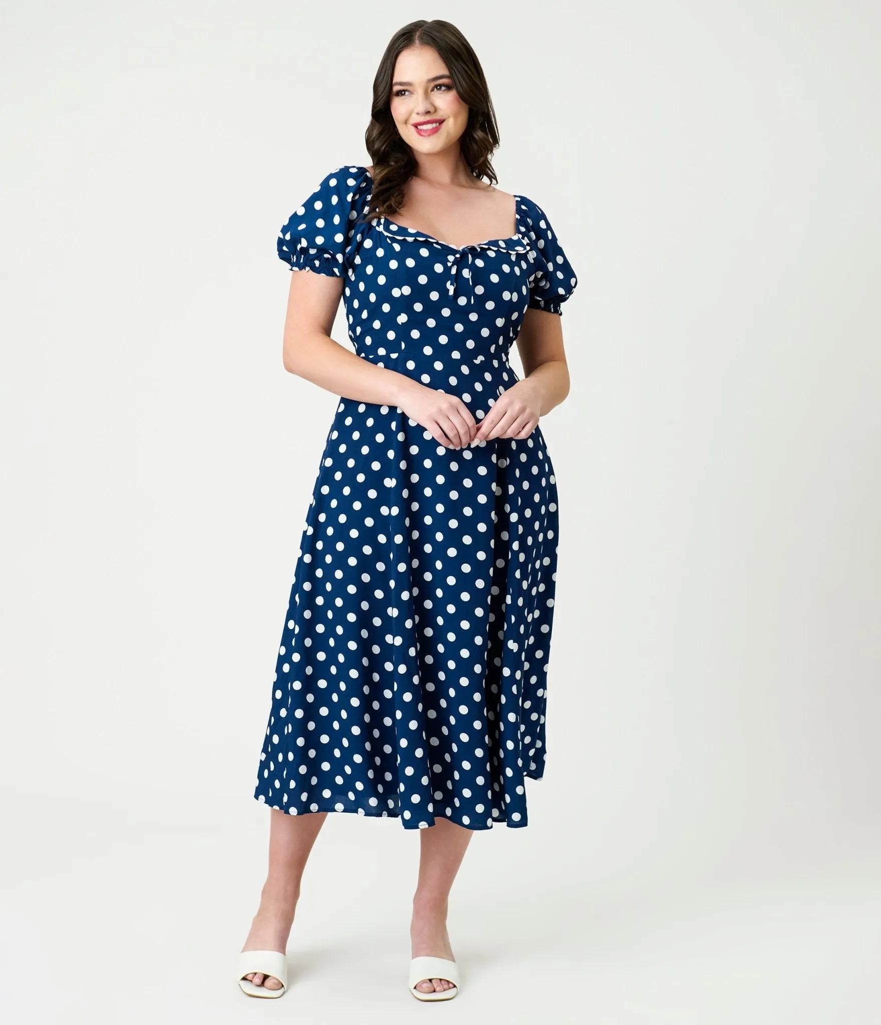 Unique Vintage Navy & White Dot Puff Sleeve Midi Dress sold by Unique Vintage product image thumbnail 4
