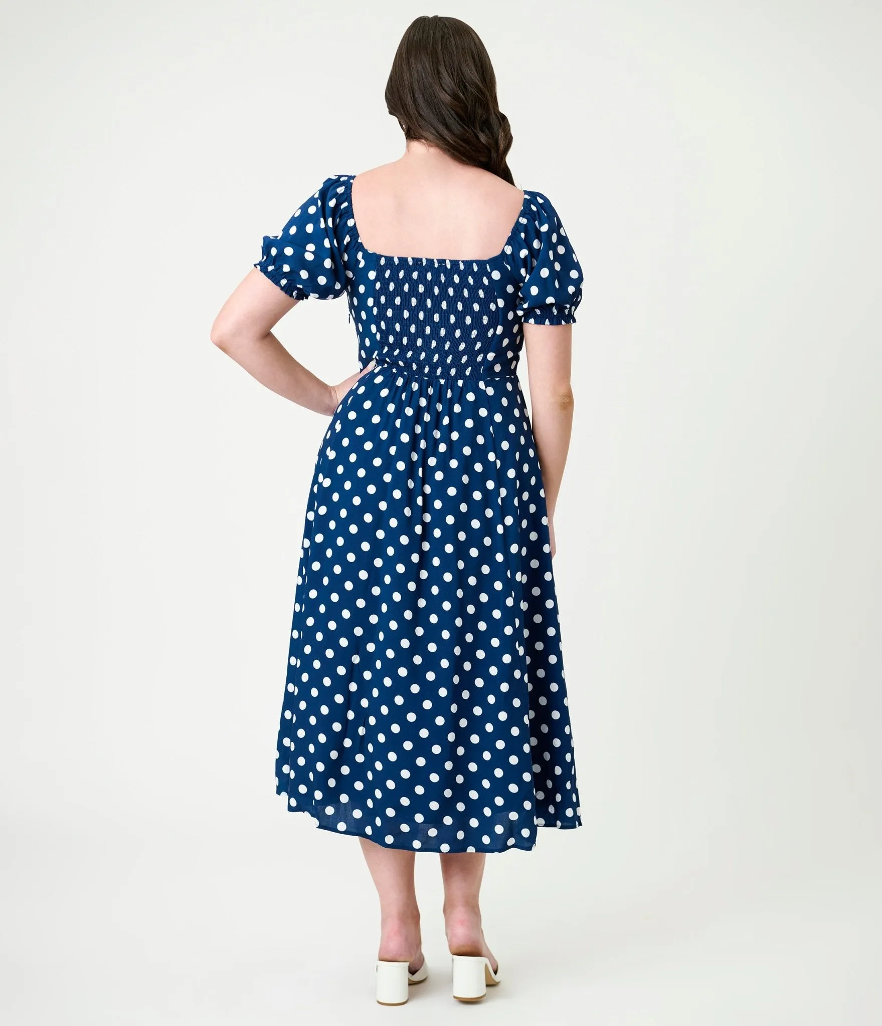 Unique Vintage Navy & White Dot Puff Sleeve Midi Dress sold by Unique Vintage product image thumbnail 2