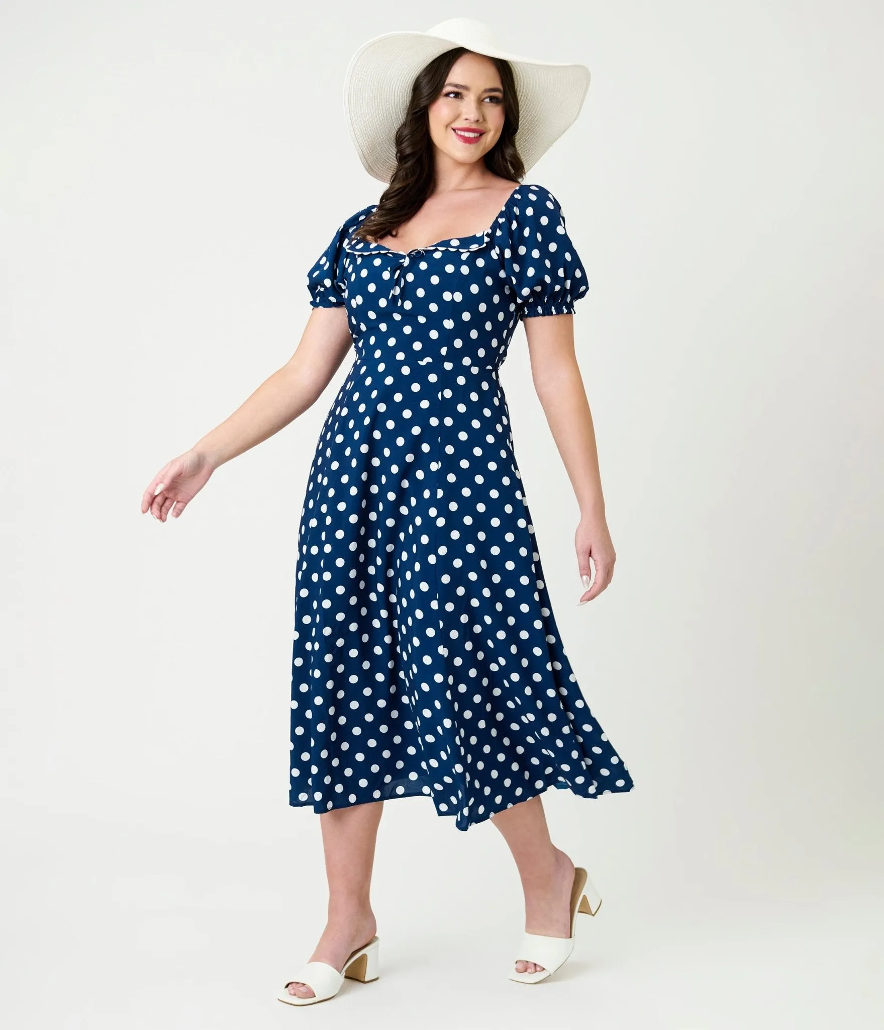 Unique Vintage Navy & White Dot Puff Sleeve Midi Dress sold by Unique Vintage product image thumbnail 3