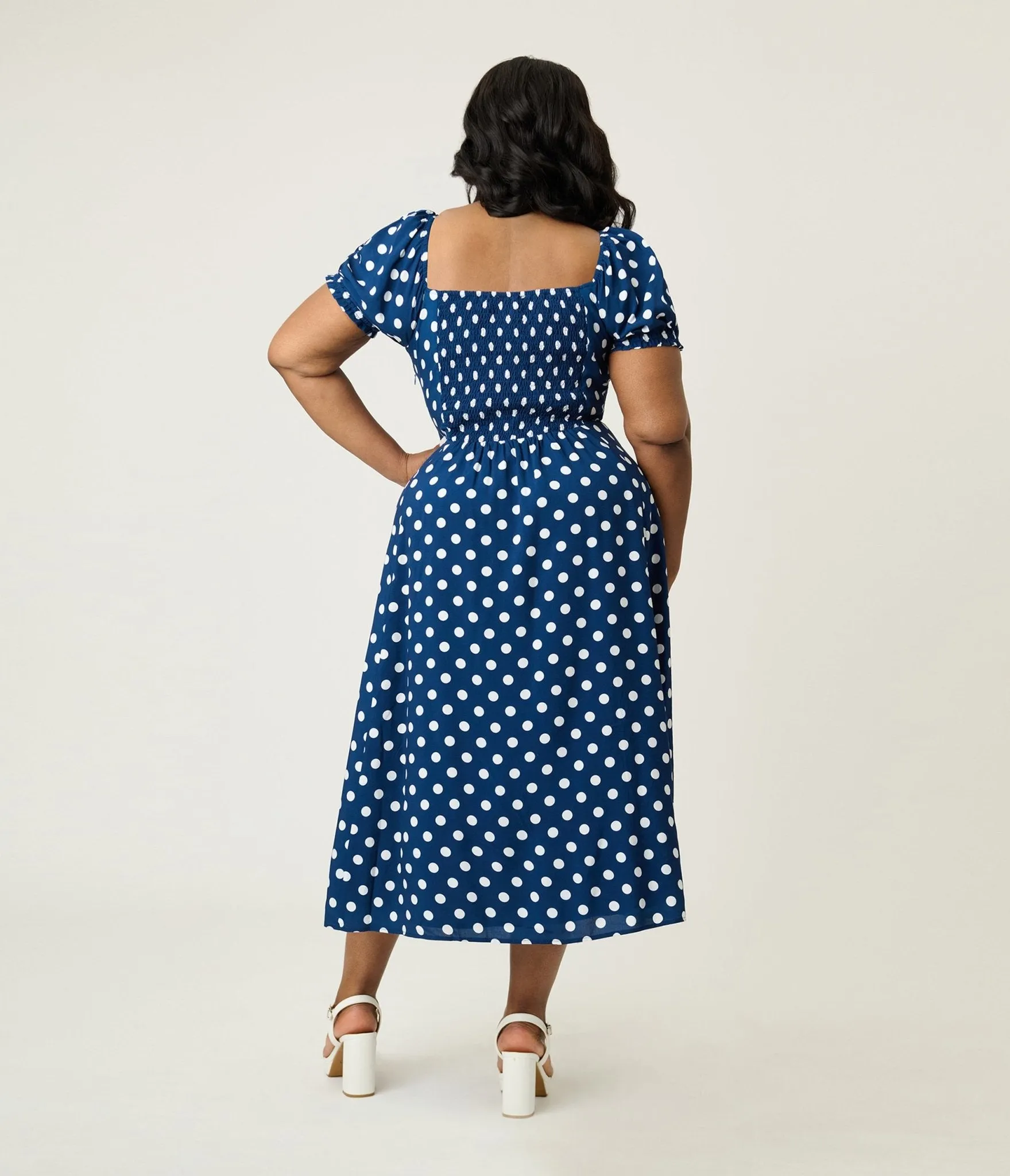 Unique Vintage Plus Size Navy & White Dot Puff Sleeve Midi Dress sold by Unique Vintage product image thumbnail 2