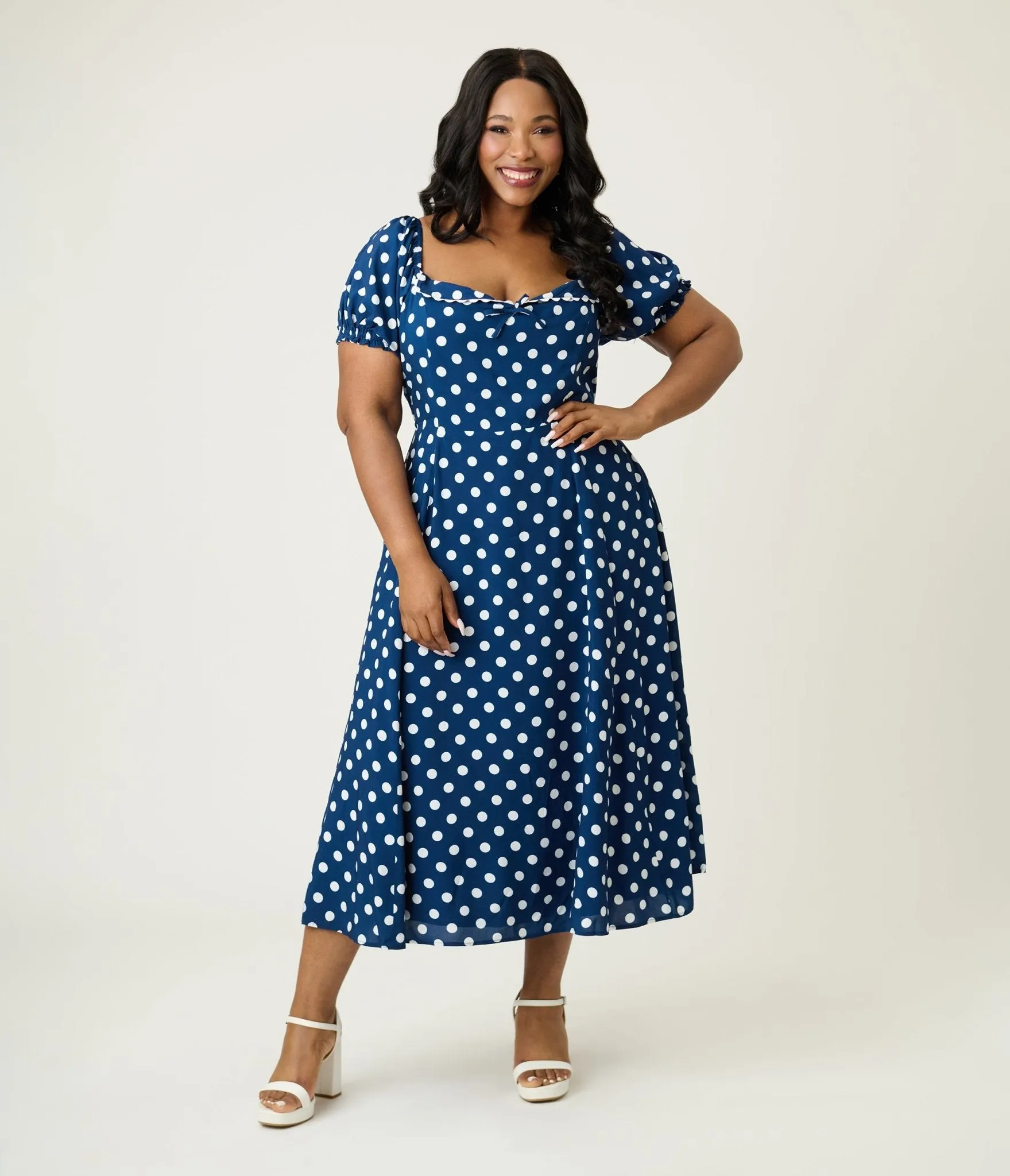 Unique Vintage Plus Size Navy & White Dot Puff Sleeve Midi Dress sold by Unique Vintage product image thumbnail 3
