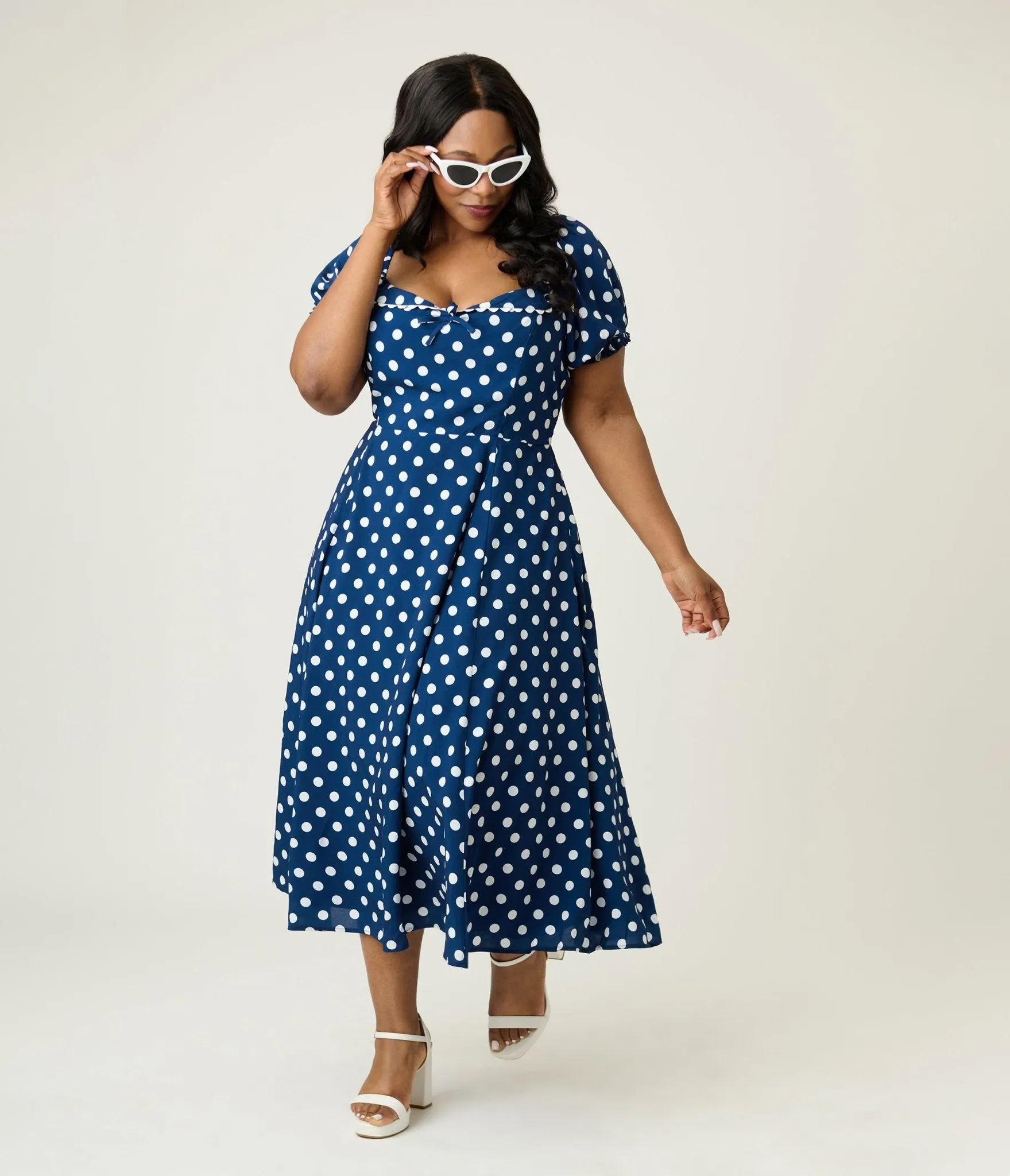 Unique Vintage Plus Size Navy & White Dot Puff Sleeve Midi Dress sold by Unique Vintage product image thumbnail 4