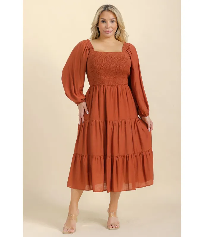 Plus Size Brown Smocked Midi Dress sold by Unique Vintage