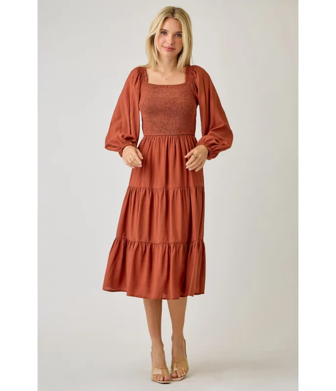 Brown Smocked Midi Dress sold by Unique Vintage