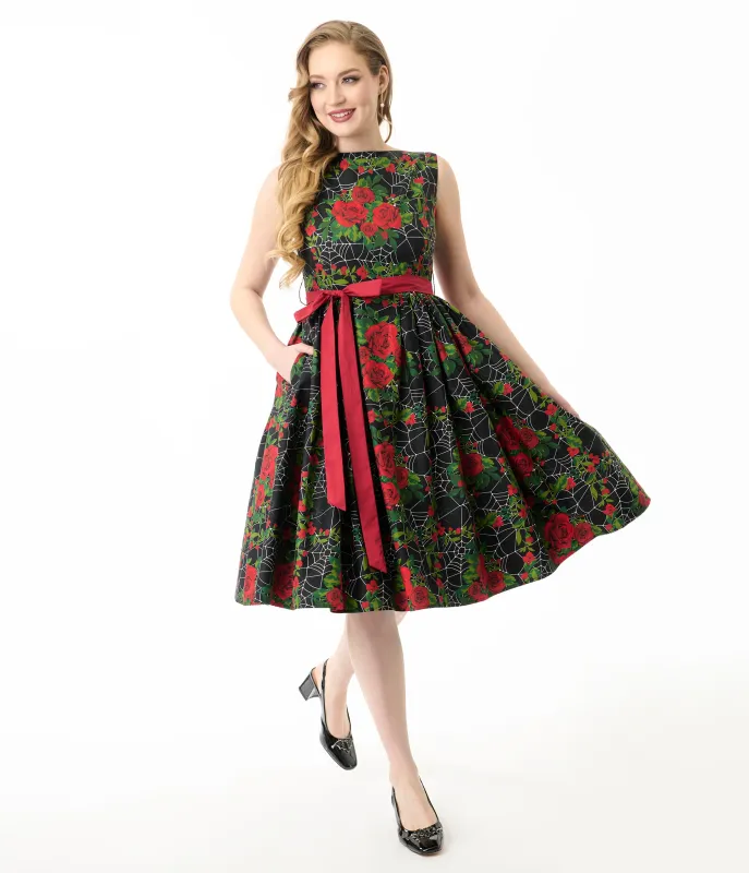 Unique Vintage Gothic Roses Sleeveless Cotton Swing Dress sold by Unique Vintage