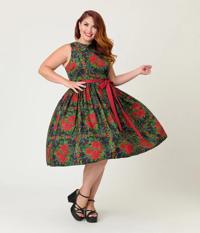 Unique Vintage Plus Size Gothic Roses Sleeveless Cotton Swing Dress sold by Unique Vintage