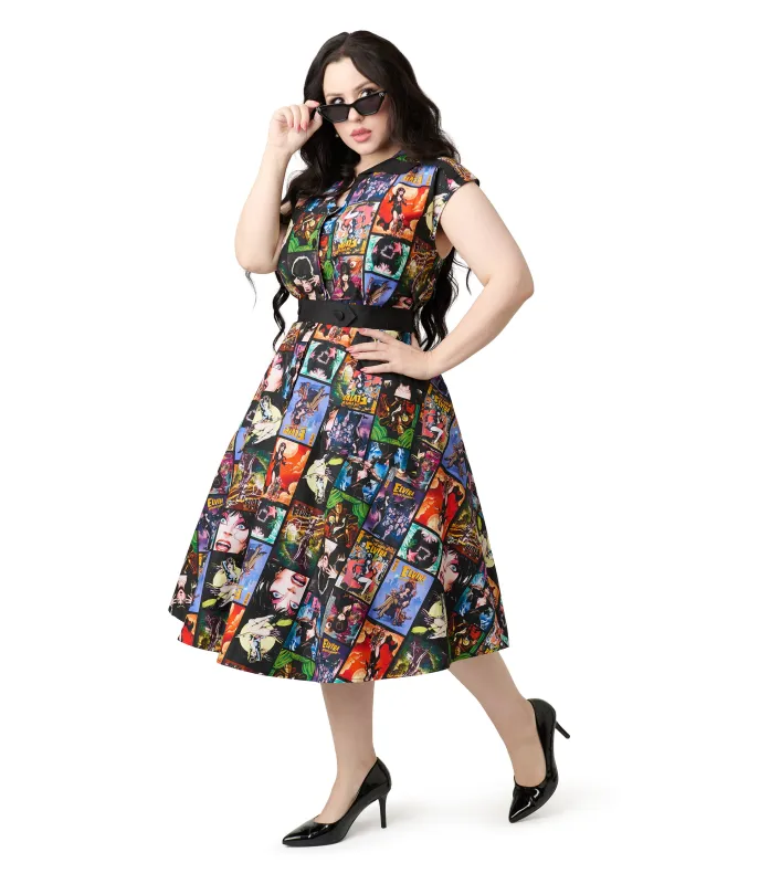 Elvira x Unique Vintage Plus Size Elvira Comic Print Hedda Swing Dress sold by Unique Vintage