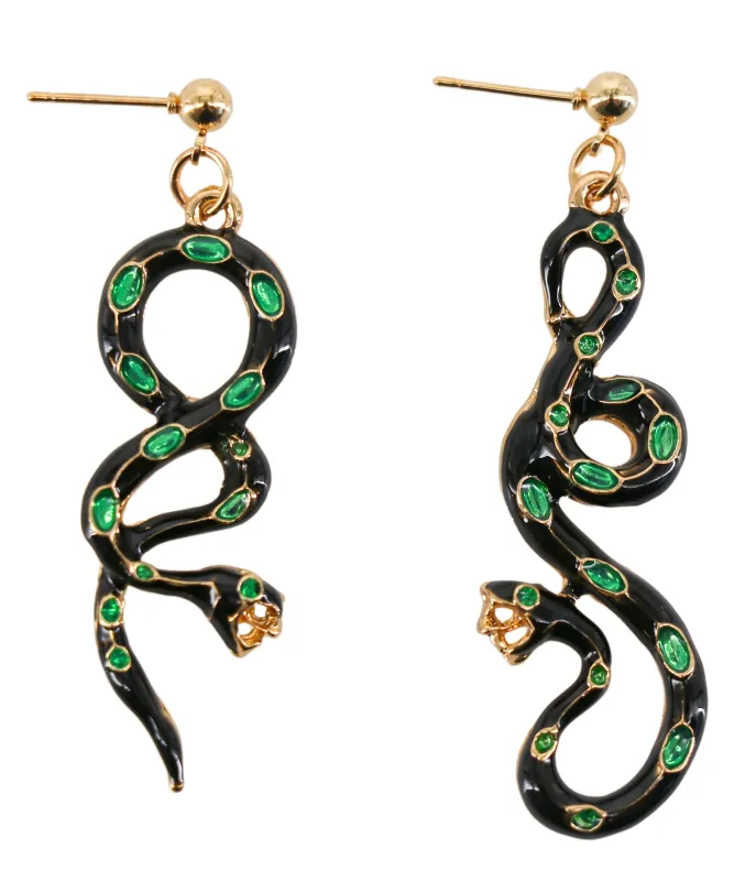 Black & Green Rhinestone Snake Earrings sold by Unique Vintage