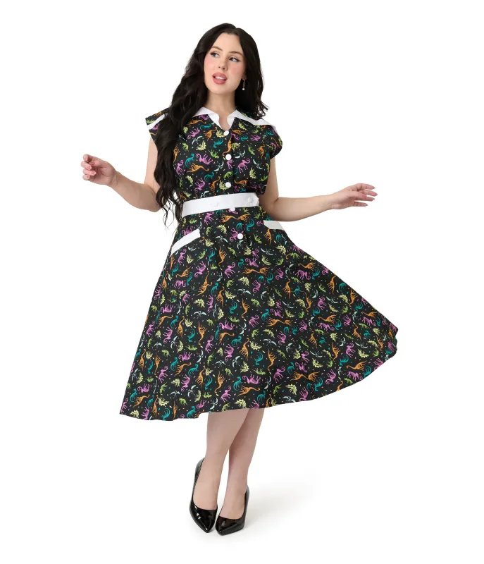 Unique Vintage Plus Size Black & Multicolor Dinosaur Print Hedda Swing Dress sold by Unique Vintage