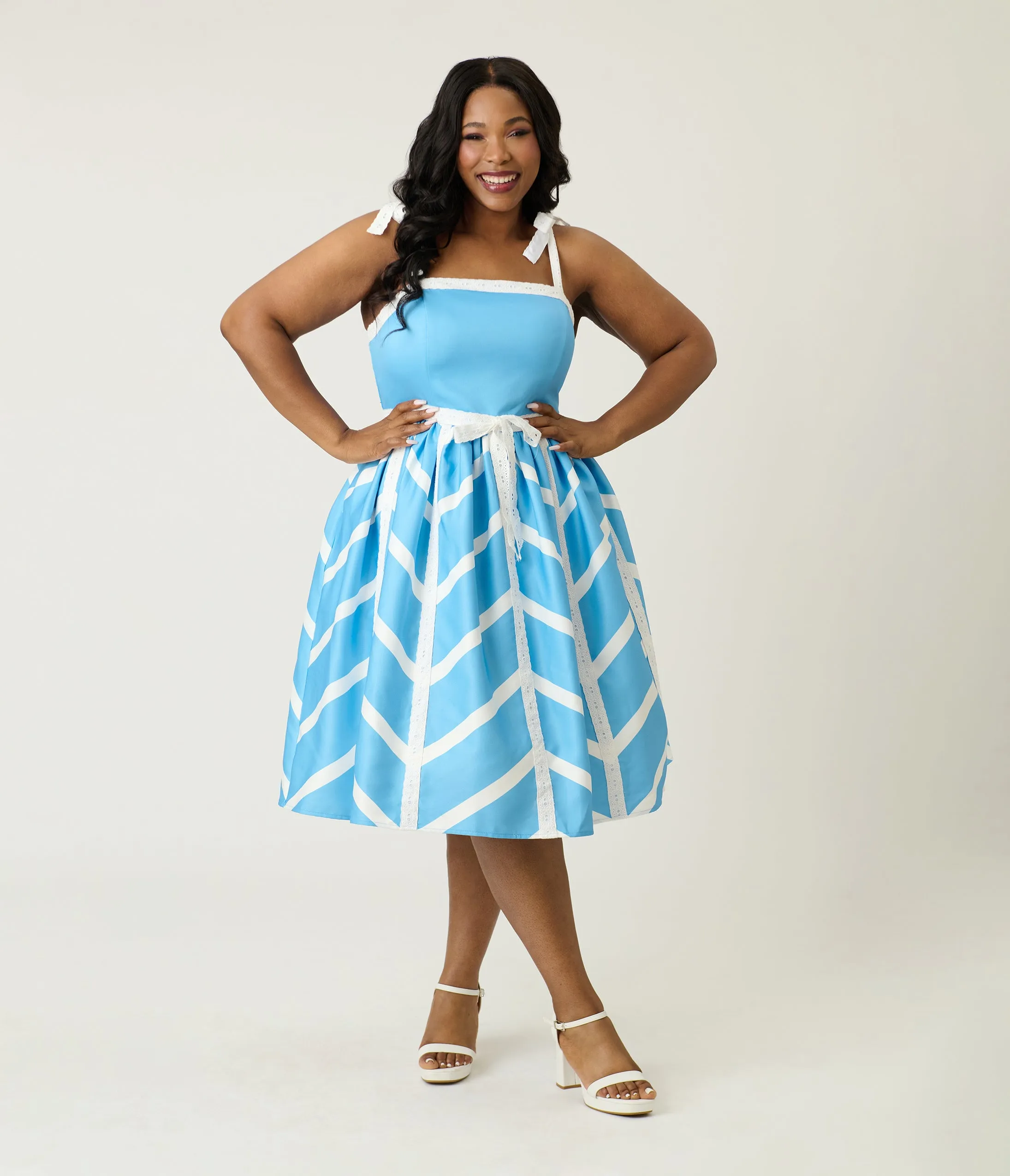 Unique Vintage Plus Size Blue & White Chevron Eyelet Swing Dress sold by Unique Vintage product image thumbnail 3