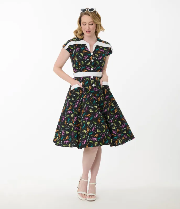 Unique Vintage Black & Multicolor Dinosaur Print Hedda Swing Dress sold by Unique Vintage