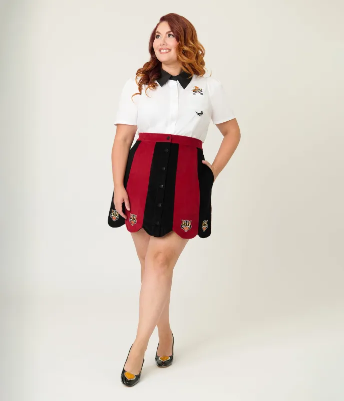 Smak Parlour Plus Size Burgundy & Black Stripe Spooky Cat Corduroy Mini Skirt sold by Unique Vintage