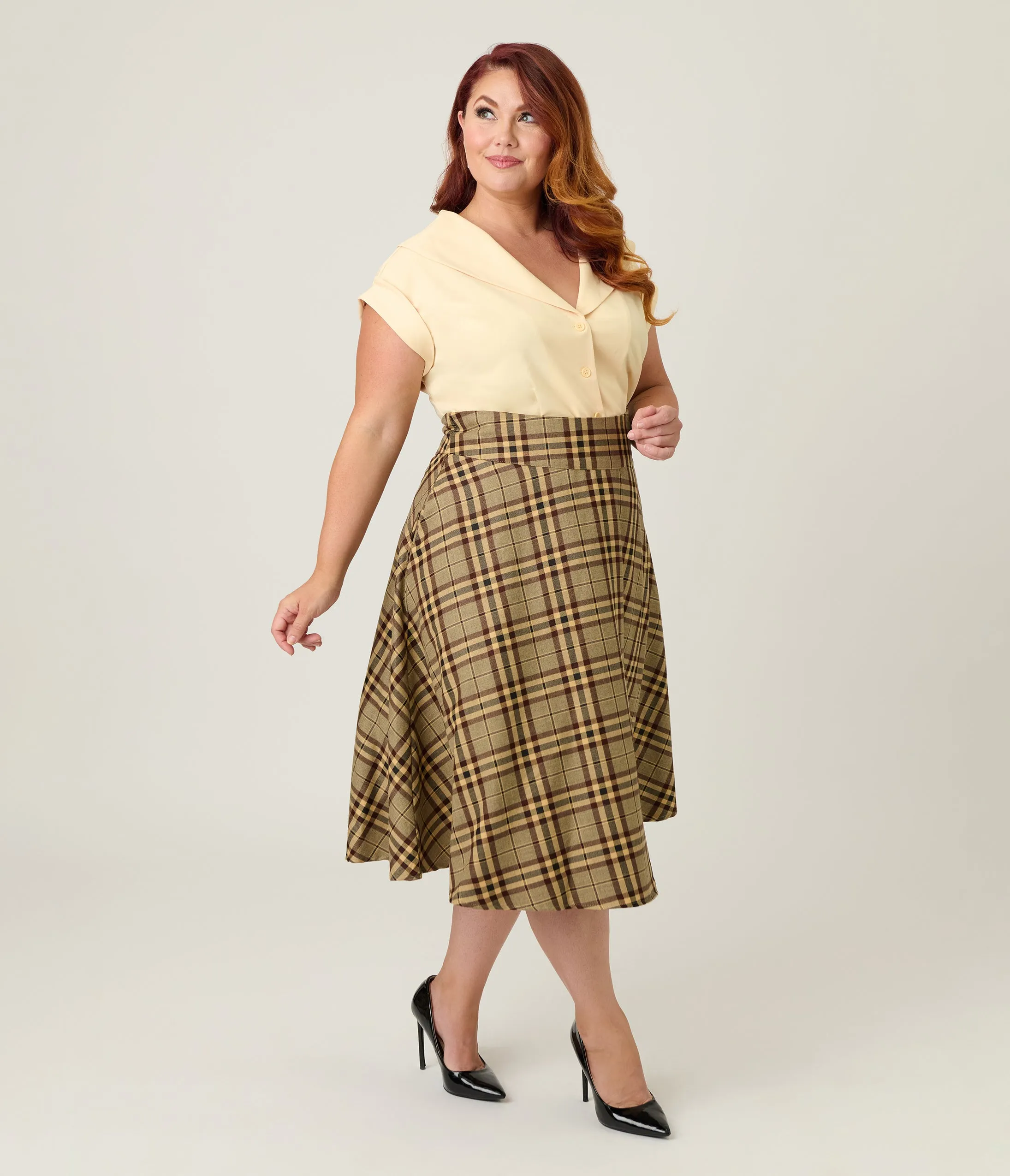 Unique Vintage Plus Size Tan Plaid Vivian Swing Skirt sold by Unique Vintage product image thumbnail 4