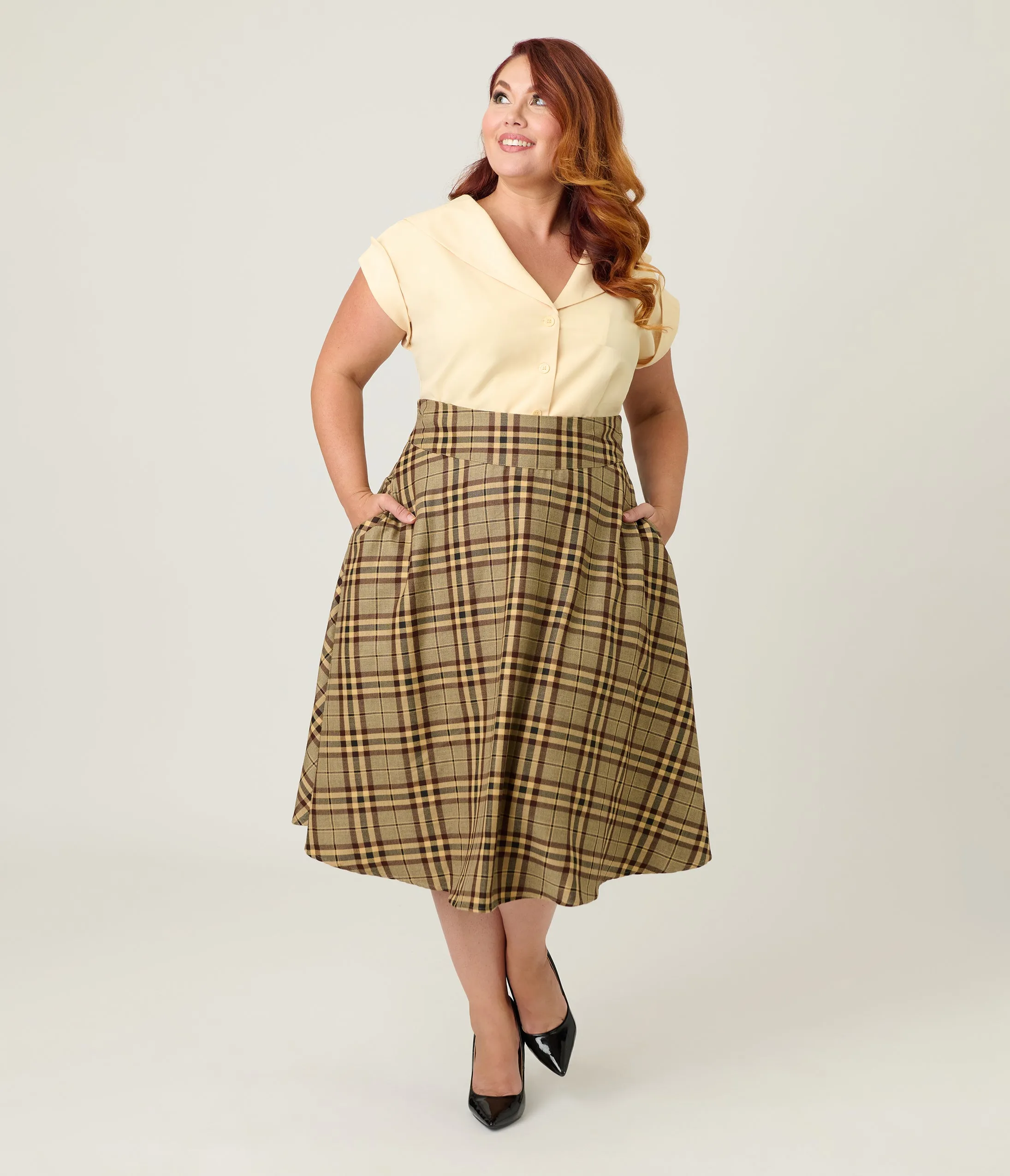 Unique Vintage Plus Size Tan Plaid Vivian Swing Skirt sold by Unique Vintage product image thumbnail 5