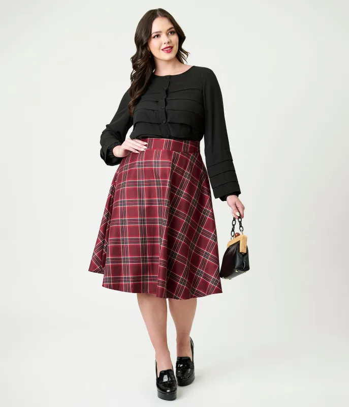 Unique Vintage Burgundy Plaid Vivian Swing Skirt sold by Unique Vintage