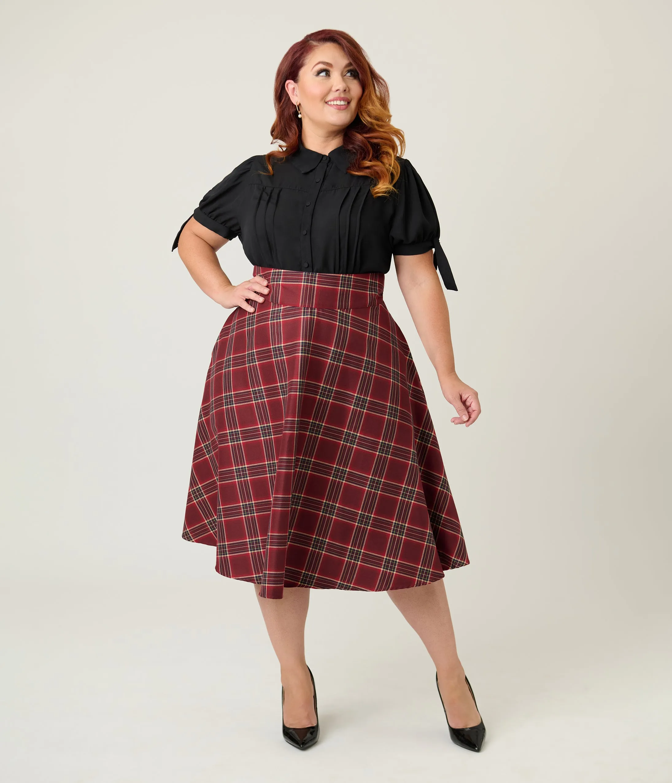 Unique Vintage Plus Size Burgundy Plaid Vivian Swing Skirt sold by Unique Vintage