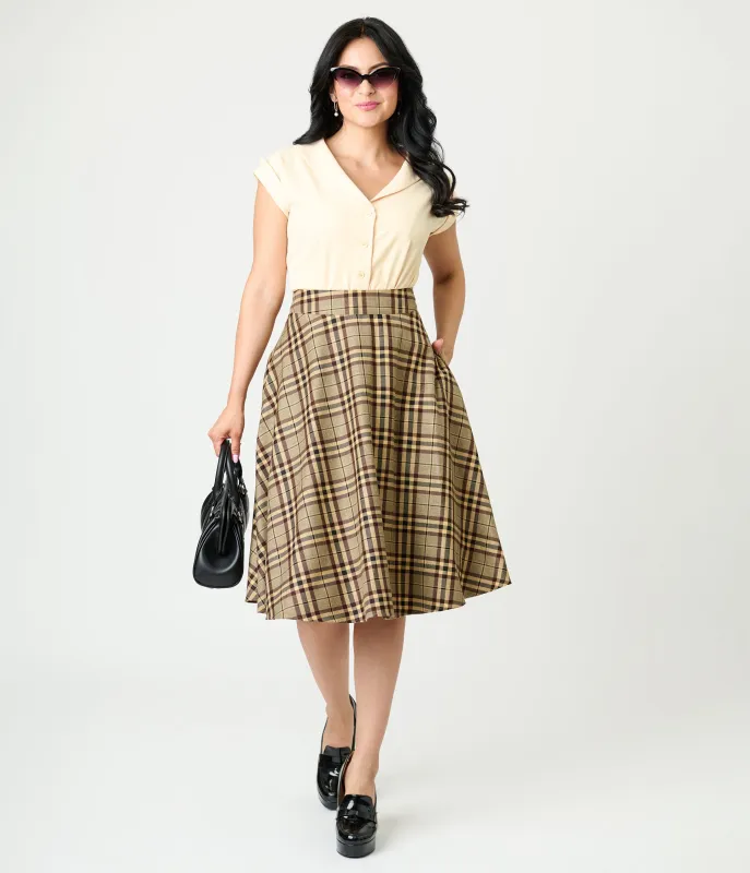 Unique Vintage Tan Plaid Vivian Swing Skirt sold by Unique Vintage