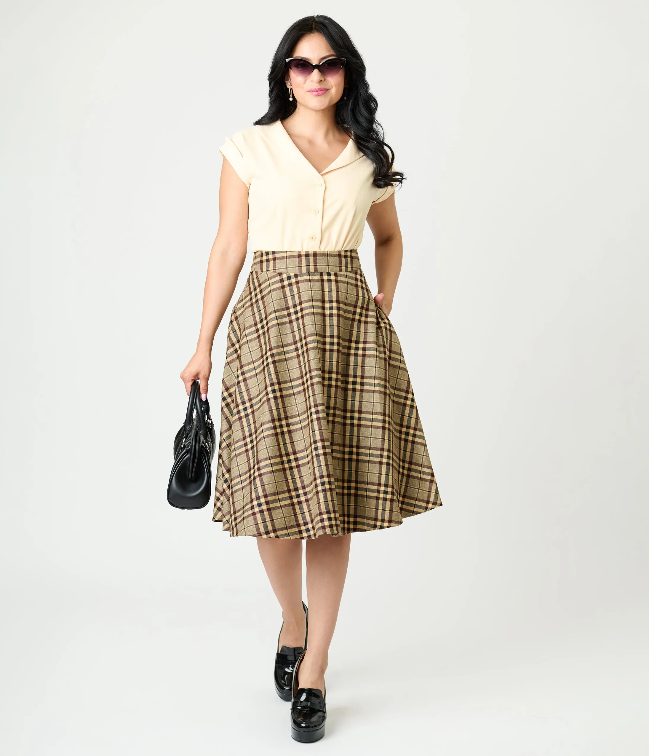Unique Vintage Tan Plaid Vivian Swing Skirt sold by Unique Vintage