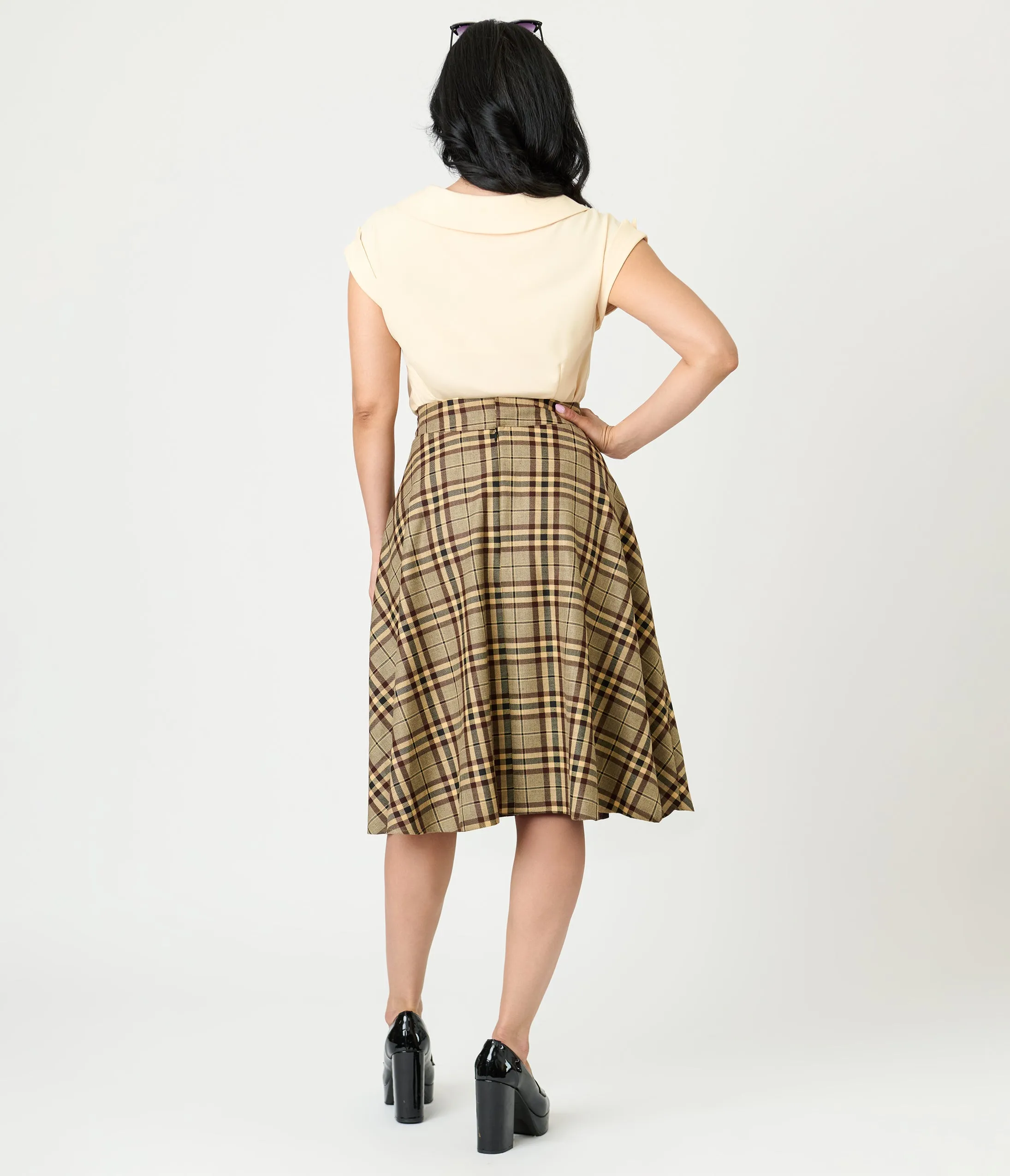 Unique Vintage Tan Plaid Vivian Swing Skirt sold by Unique Vintage product image thumbnail 3