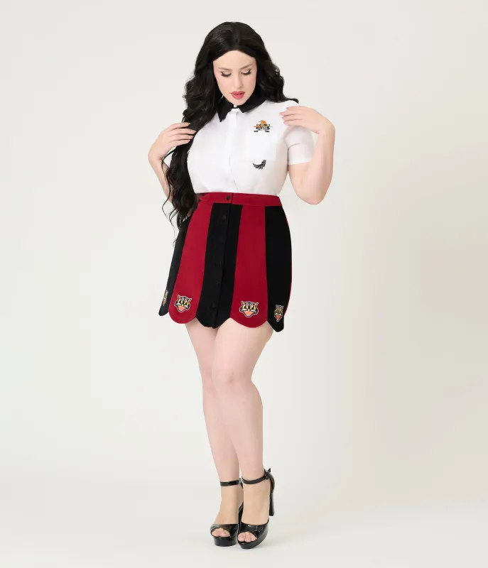 Smak Parlour Burgundy & Black Stripe Spooky Cat Corduroy Mini Skirt sold by Unique Vintage