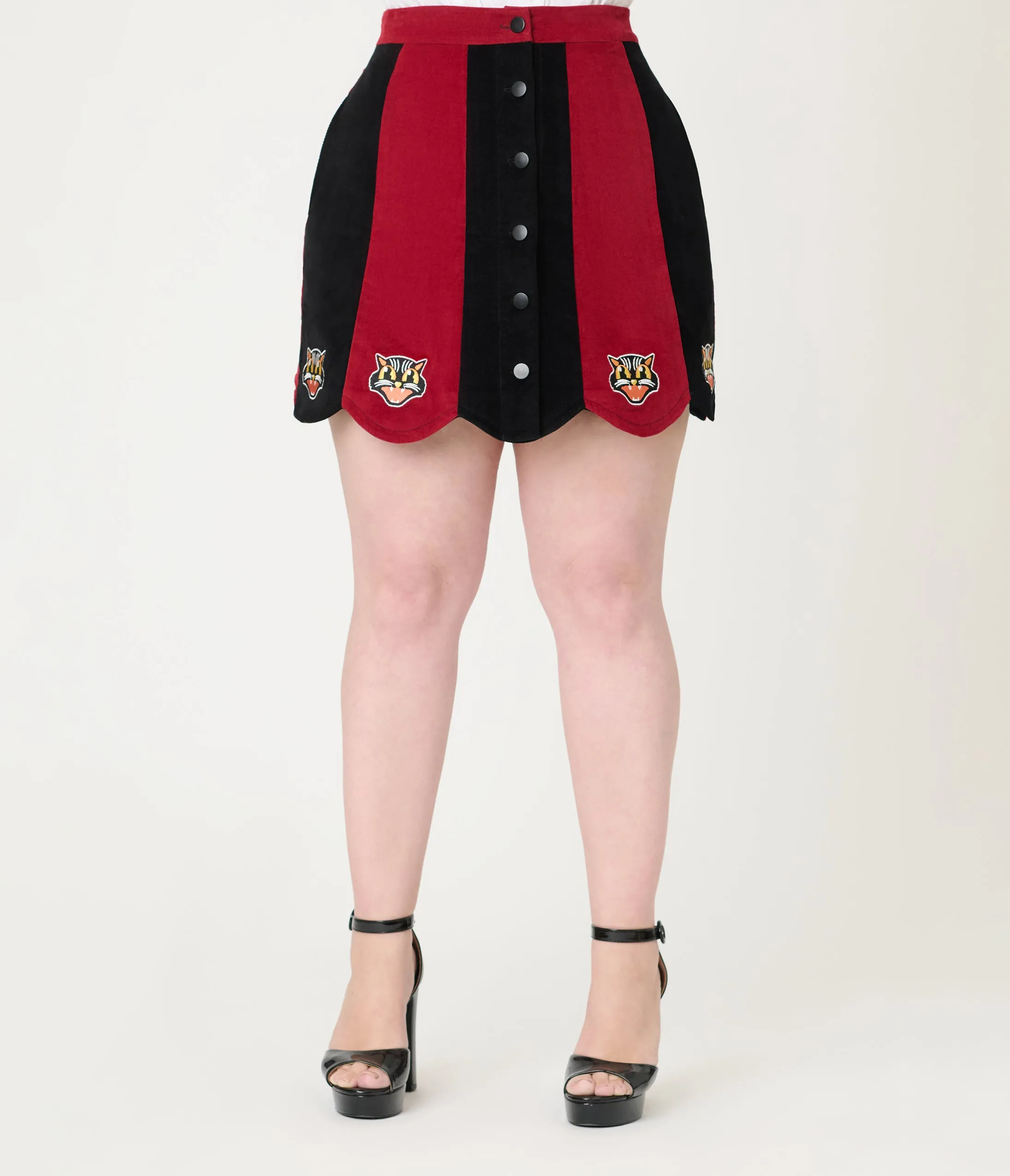 Smak Parlour Burgundy & Black Stripe Spooky Cat Corduroy Mini Skirt sold by Unique Vintage product image thumbnail 2
