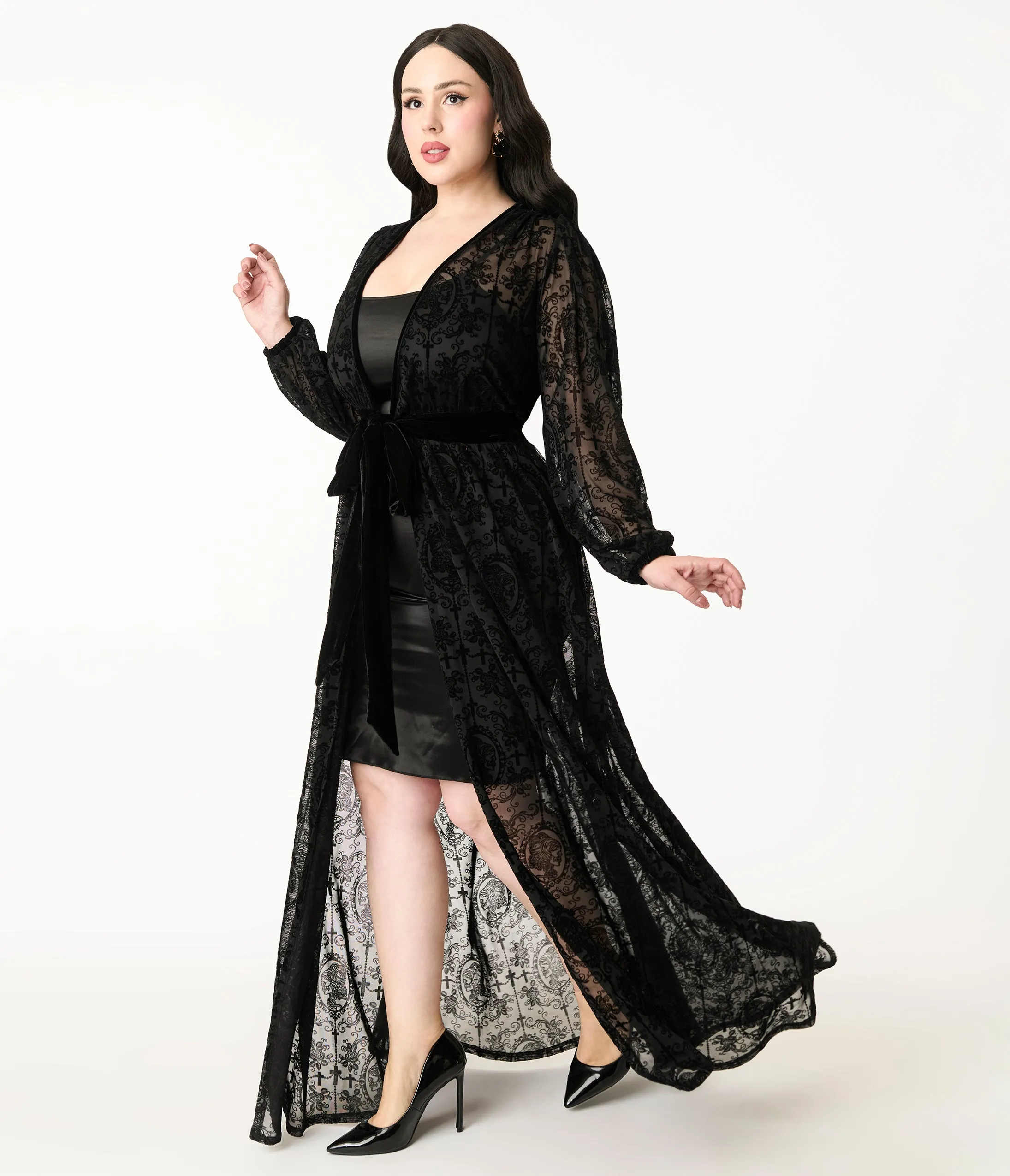 Unique Vintage Plus Size Black Flocked La Caterina Hollywood Duster sold by Unique Vintage