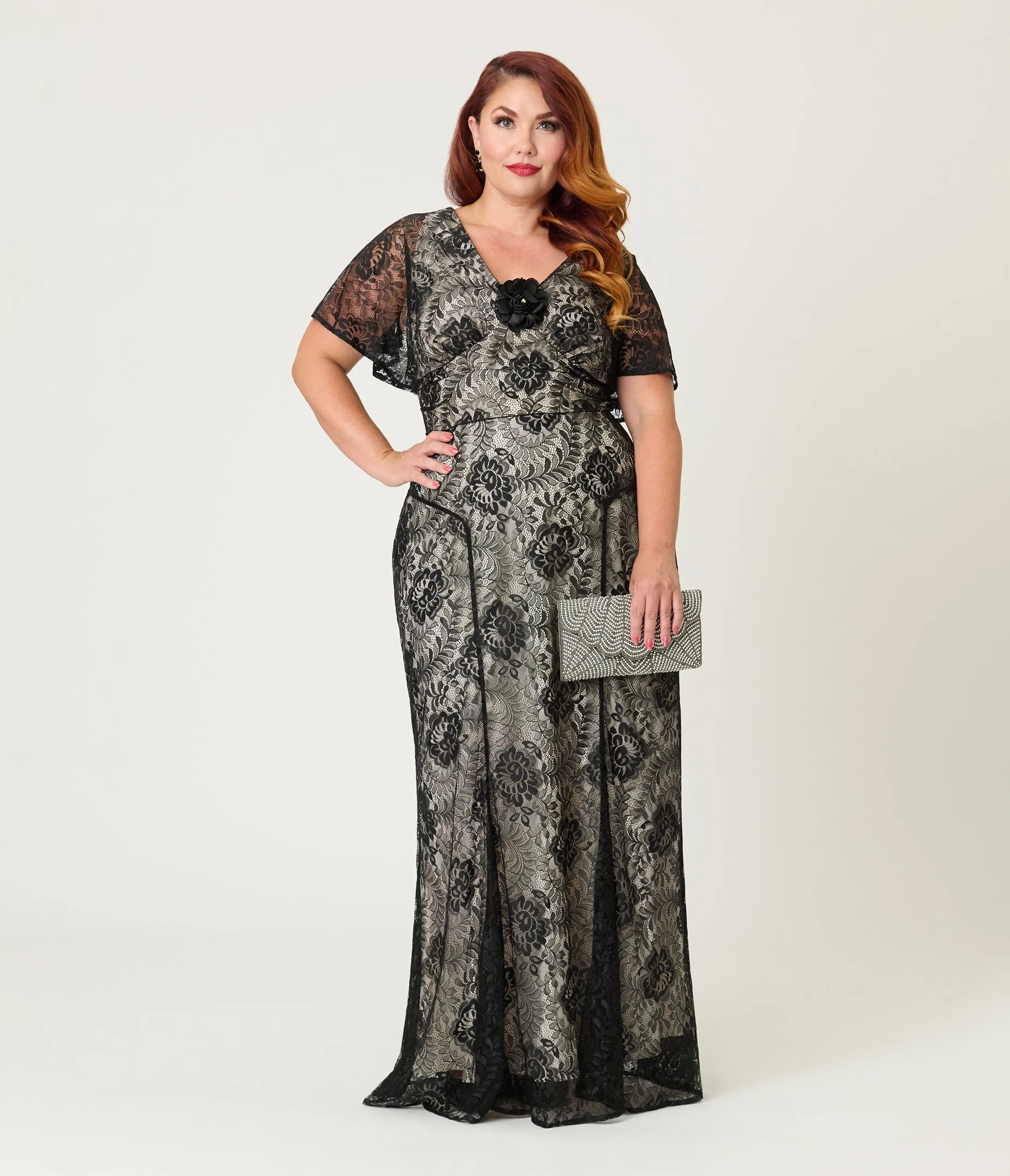 Unique Vintage Plus Size Black Lace & Nude Lining Flutter Sleeve Gown sold by Unique Vintage product image thumbnail 3