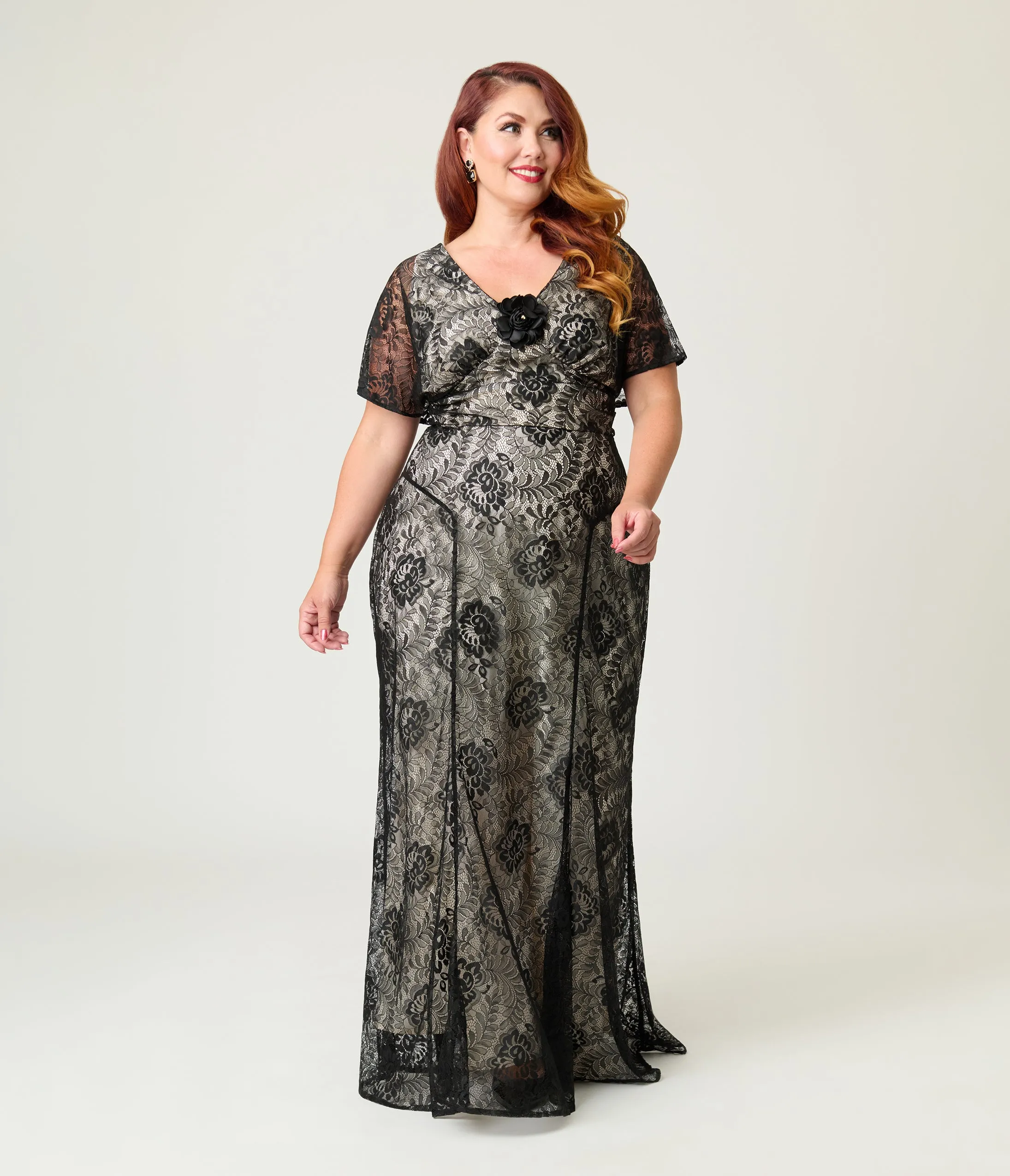 Unique Vintage Plus Size Black Lace & Nude Lining Flutter Sleeve Gown sold by Unique Vintage product image thumbnail 4