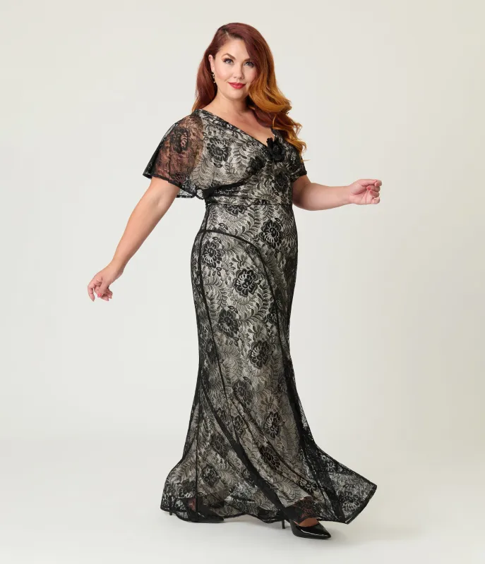 Unique Vintage Plus Size Black Lace & Nude Lining Flutter Sleeve Gown sold by Unique Vintage
