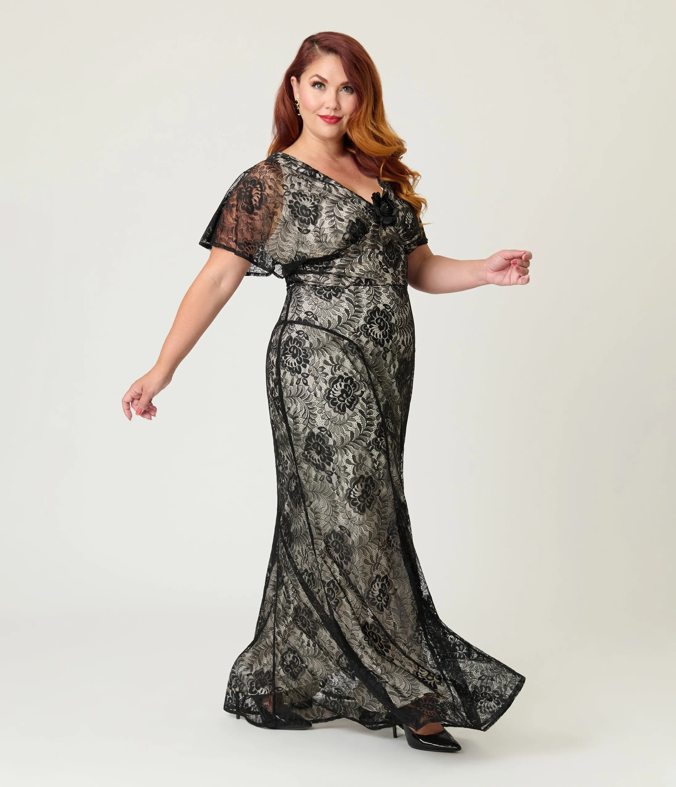 Unique Vintage Plus Size Black Lace & Nude Lining Flutter Sleeve Gown sold by Unique Vintage