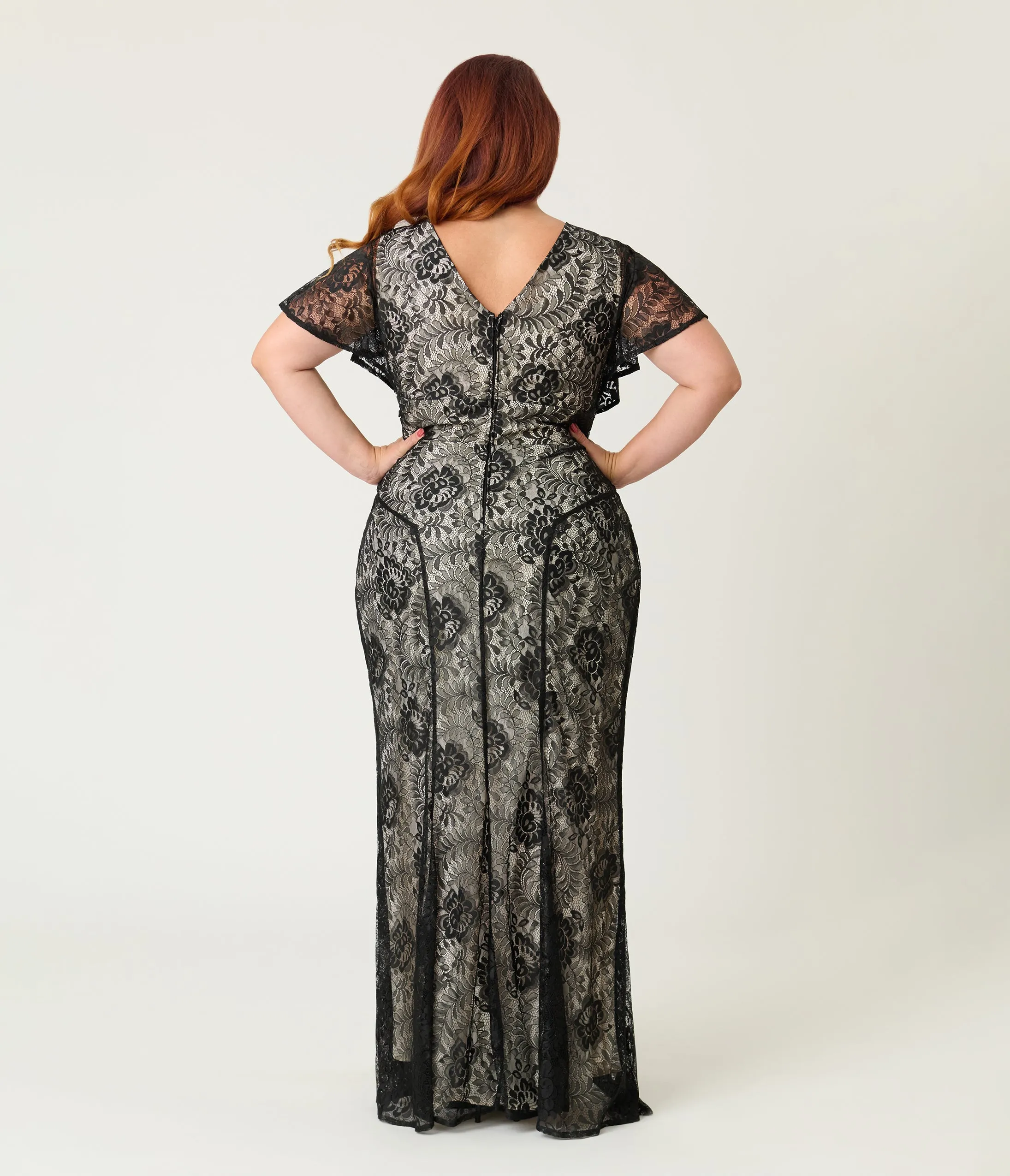 Unique Vintage Plus Size Black Lace & Nude Lining Flutter Sleeve Gown sold by Unique Vintage product image thumbnail 2